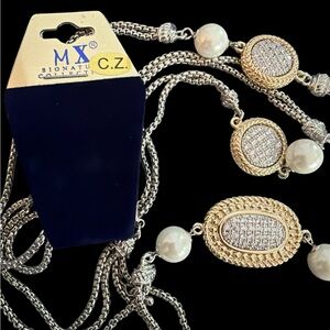 MX Signature Gold and Silver Necklace with Pearl Details Cubic Zirconia